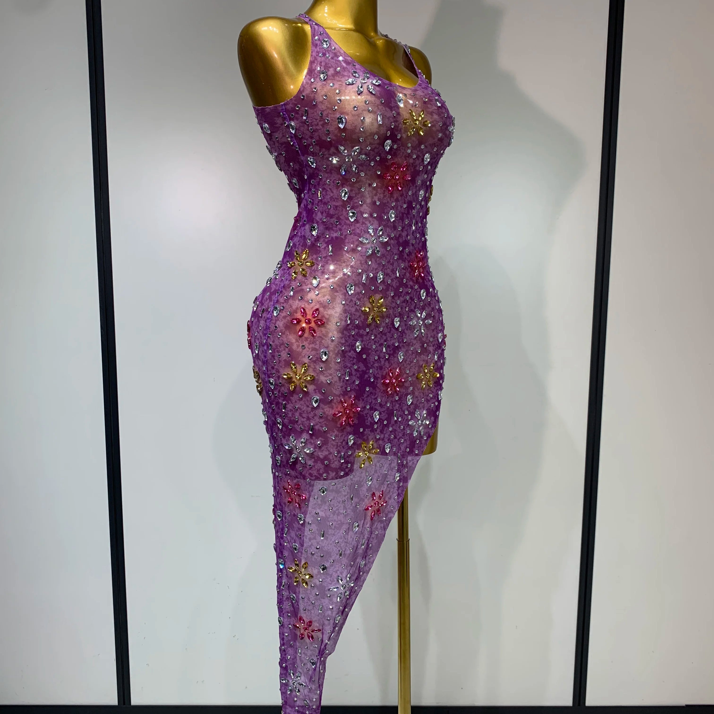 Women Sexy Mesh See Through Stretchy Sparkly Rhinestone Performance Costume Stage Dancer Nightclub Party Luxury Birthday Dress