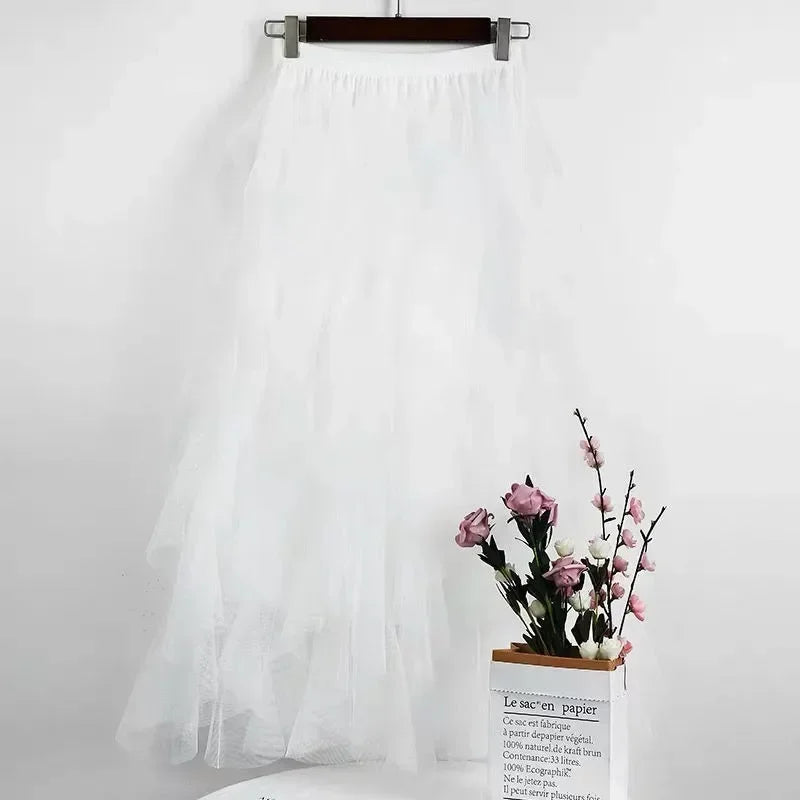 Women Tulle Mesh Skirt Elegant Elastic Waist Fairy Long A-line Tutu Skirt for Spring Summer long skirt WHITE one size