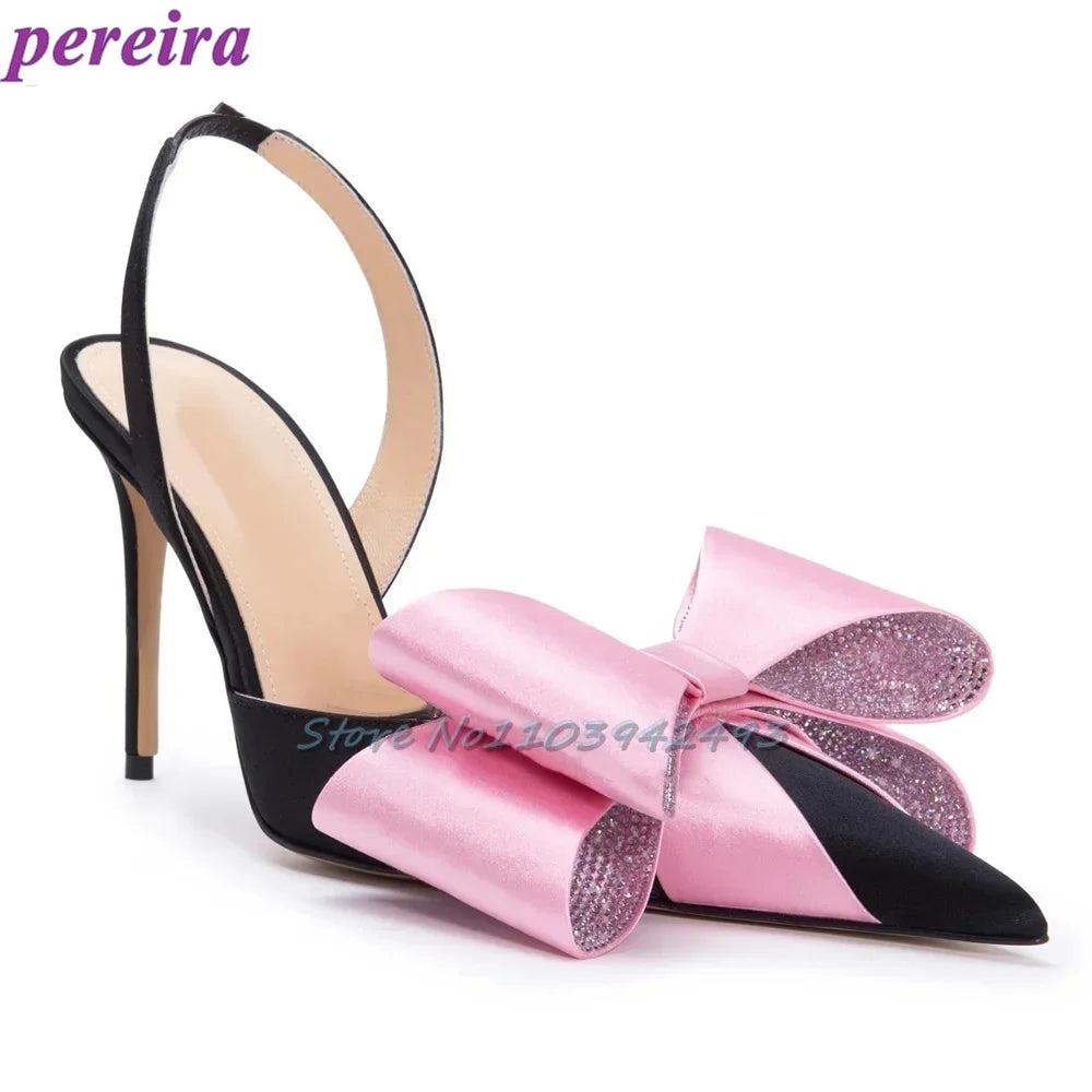 Butterfly-Knot Satin Rhinestones Sandals Pointed Toe High Heels Kitten Heel Women Luxury Designer Mules Solid Back Strap Shoes