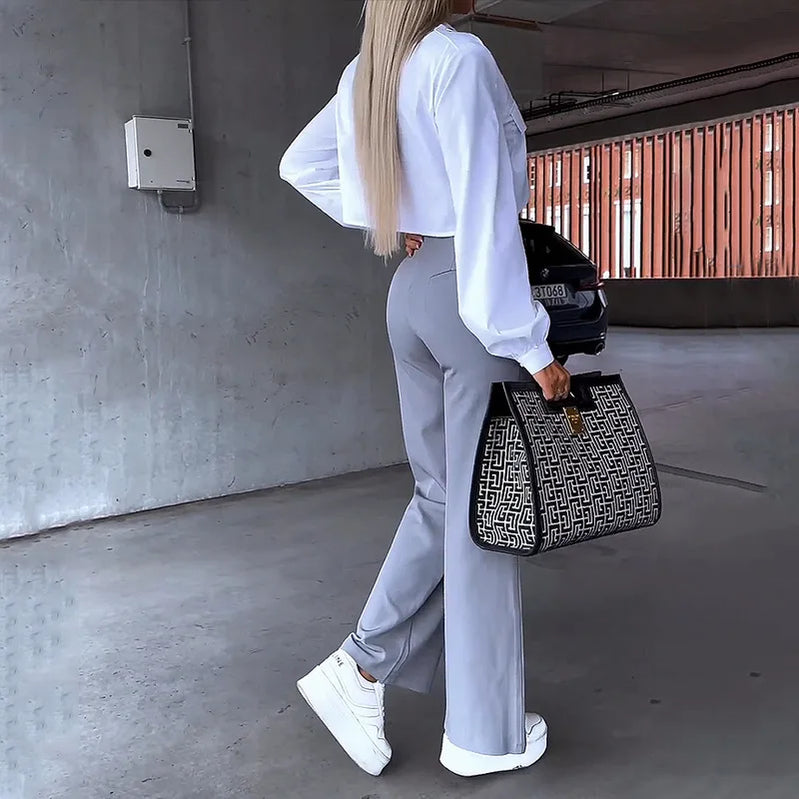 fall spring Women Two Piece Set Office Simple Solid Lapel Long Sleeve white Shirt Top gray Pants Set blazer elegant Y2K