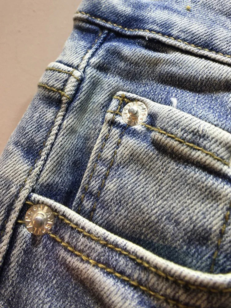 Women's Jeans Diamond Studded Beads Broken Hole Tassel High Waist Loose Denim Long Pants Autumn Fashion