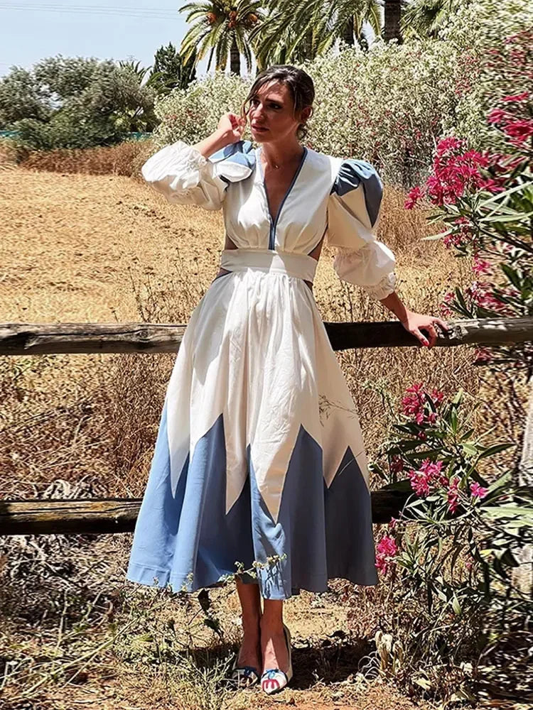 Loose Puff V Neck Backless Printed Maxi Dress Woman Casual Lace Up Lantern Sleeve Robe New Ladies Chic High Street Vestidos