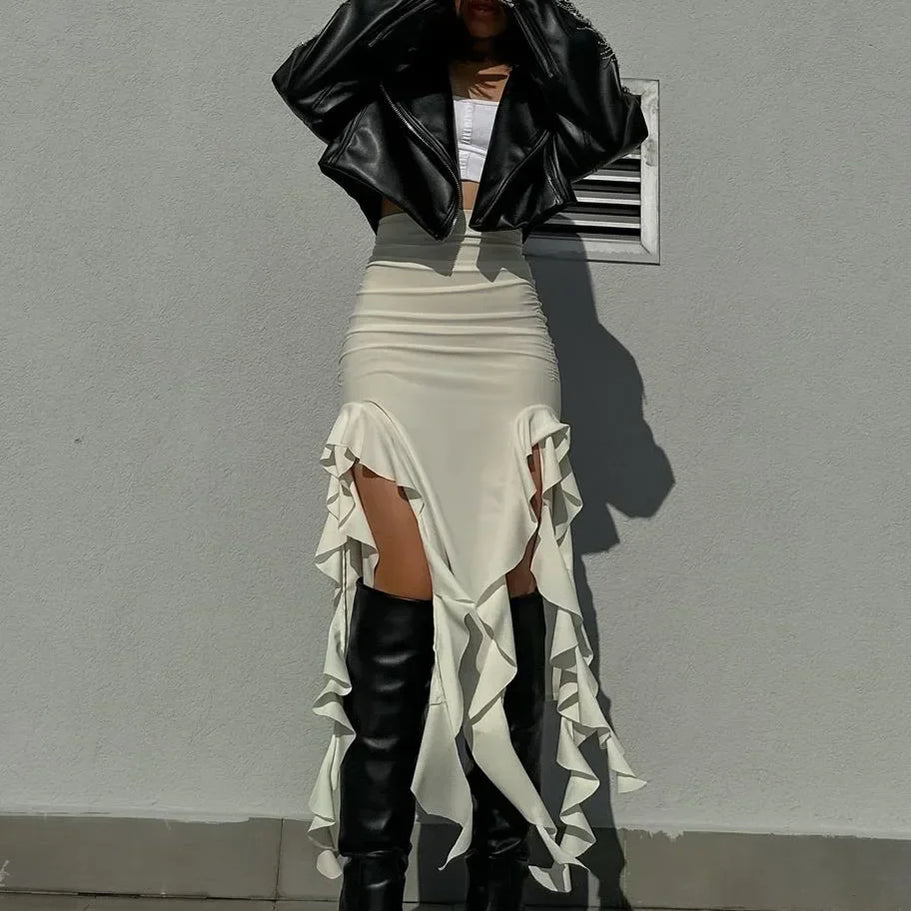 Tossy Tassel Summer Female Long Skirt Ruffled High Waist Broken High Split Fashion Pleated Sexy Solid Patchwork Maxi Skirt 2023