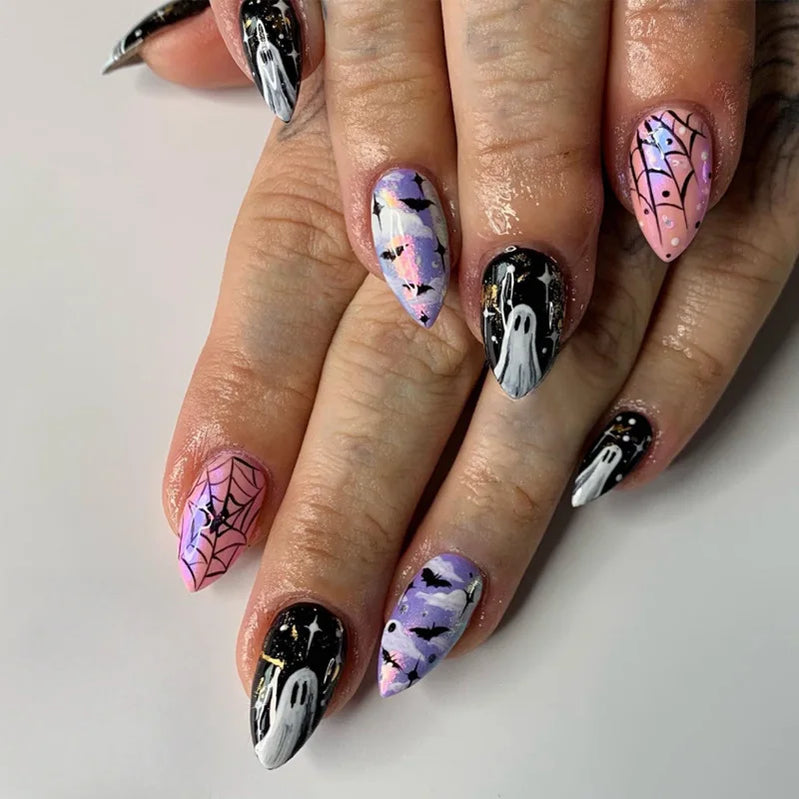 24pcs Halloween Press on Nails Ghost Bat Pattern Design Black Long Almond False Nail Tips for Wemen Detachable Fake Nails Sets