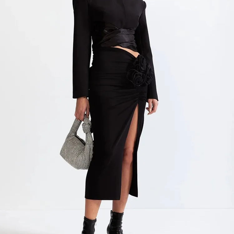 TWOTWINSTYLE Chic Two Piece Set For Women Round Neck Long Sleeve Top High Waist Spliced Appliques Skirt Elegant Sets Female New