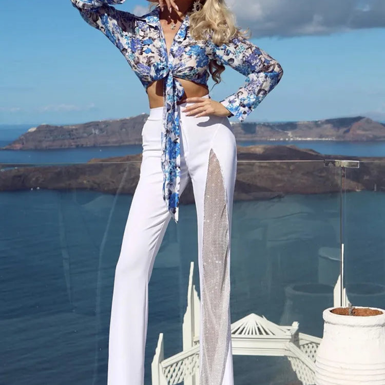 Black Red White New Summer Women Rayon Bandage Sexy Wide Leg Pants Fashion Diamond Keyholes Celebrity Wear Full Length Pant