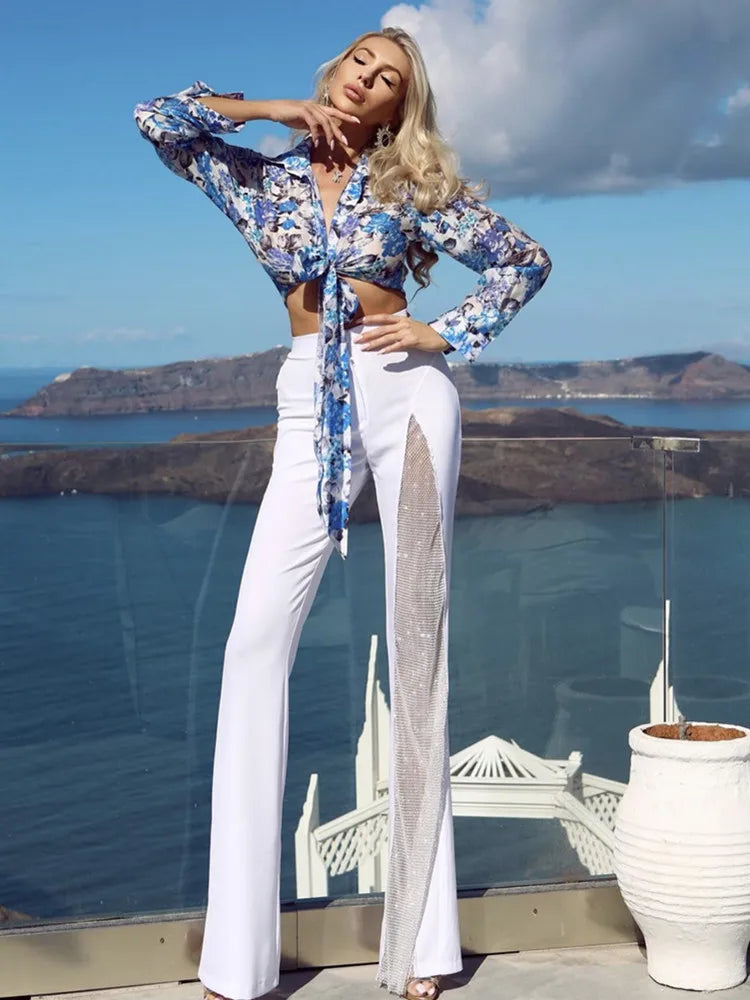 Black Red White Summer Women Rayon Bandage Sexy Wide Leg Pants Fashion Diamond Keyholes Celebrity Wear Full Length Pant
