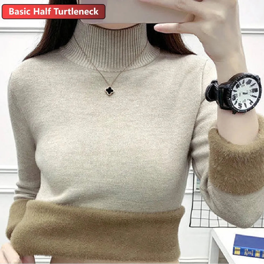 Turtleneck Winter Sweater Women Elegant Thicken Velvet Lined Warm Sueter Knitted Pullover Slim Tops Jersey Knitwear Jumper New HT khaki