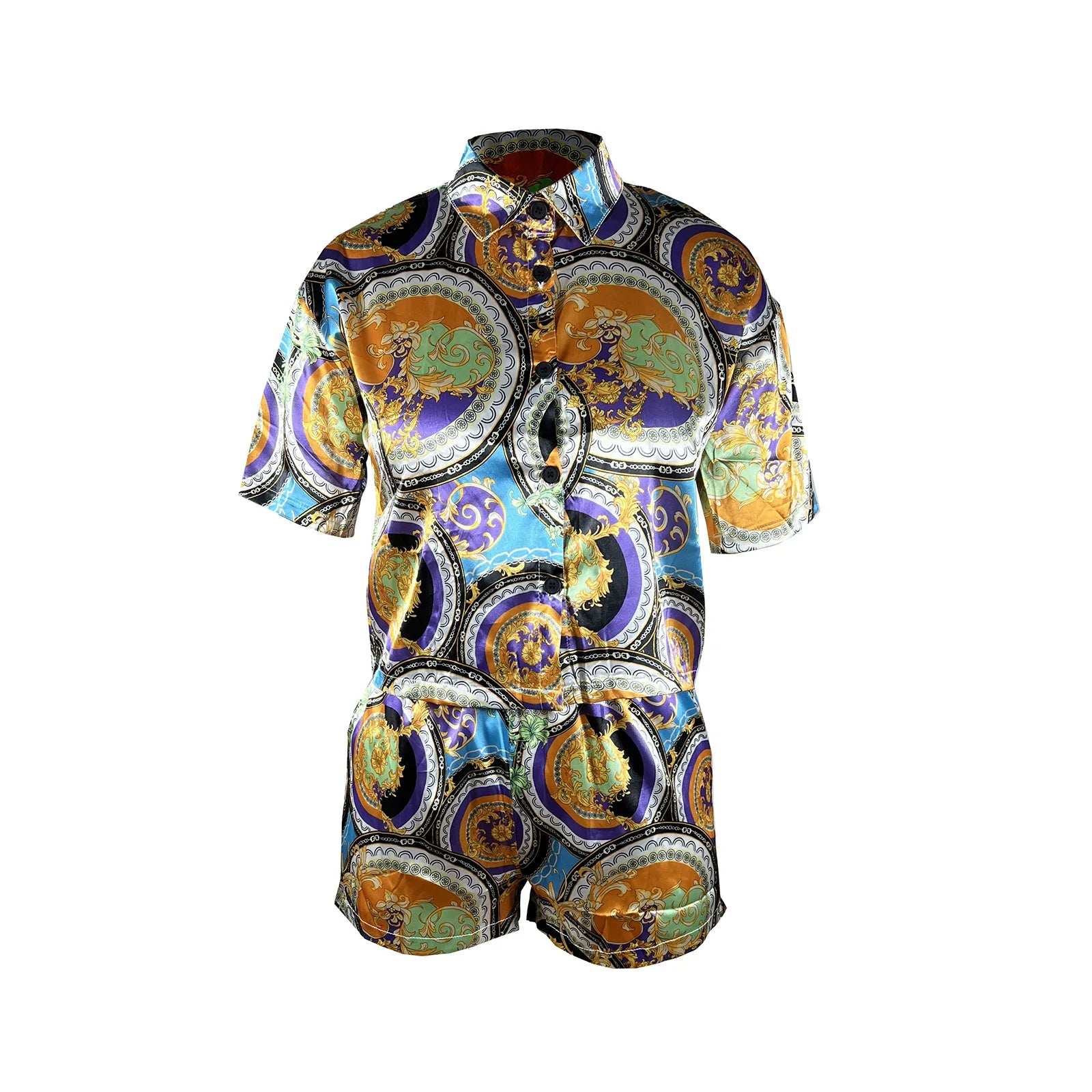 QFAF Women Paisley Floral Printed Short Sleeve Mini Shirt Blouse and Shorts Suit Fashion Two 2 Piece Set Outfits Tracksuit