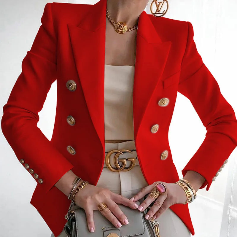 Women Blazer Double Breasted Solid Color Slim Long Sleeve Business Casual Fashion Short Coat Office Ladies Female Suit Jacket Red