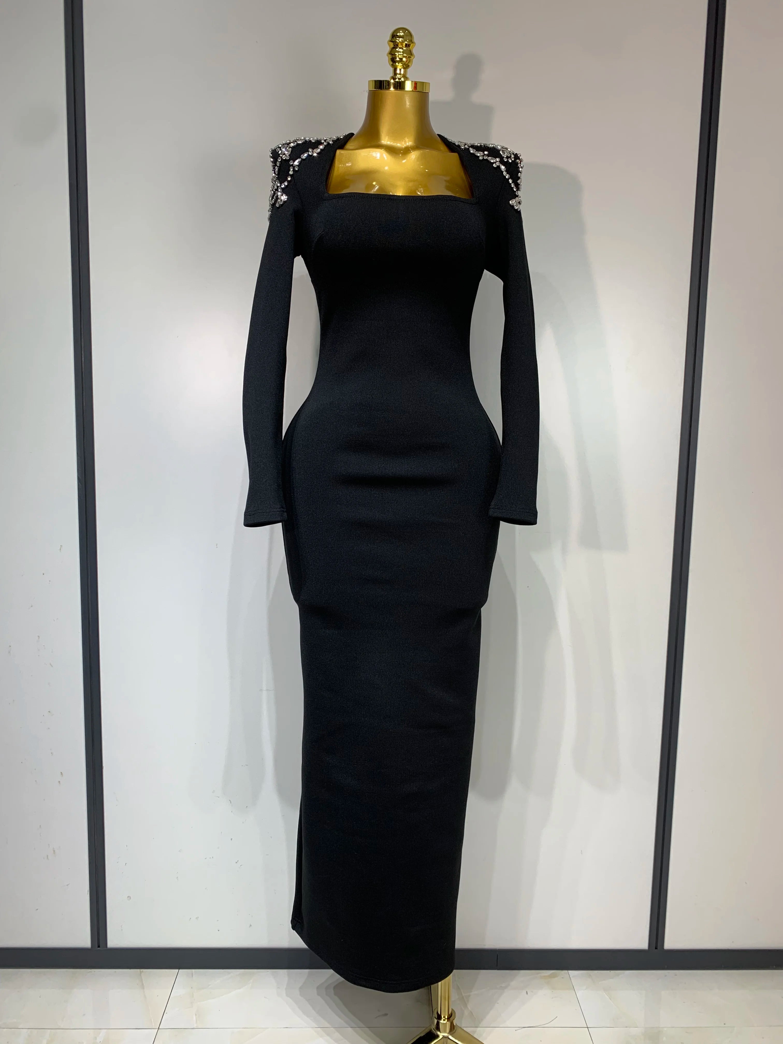 2025 New Luxury Birthday Dresses Diamond Tight Long Sleeve Square Neck Long Bandage Dress Women Wedding Evening Formal Gowns