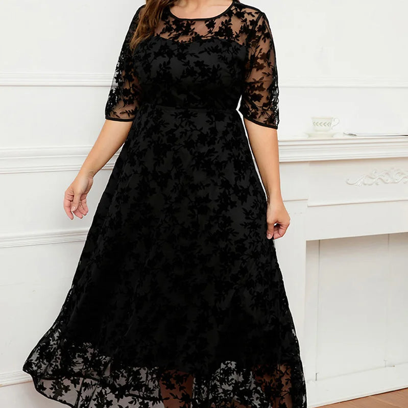 Women A-Line Dress Plus Size Lace Flocking Mesh Velvet Double Layer Tunic Embroidery Elegant Half Sleeve Spring Maxi Dress Black