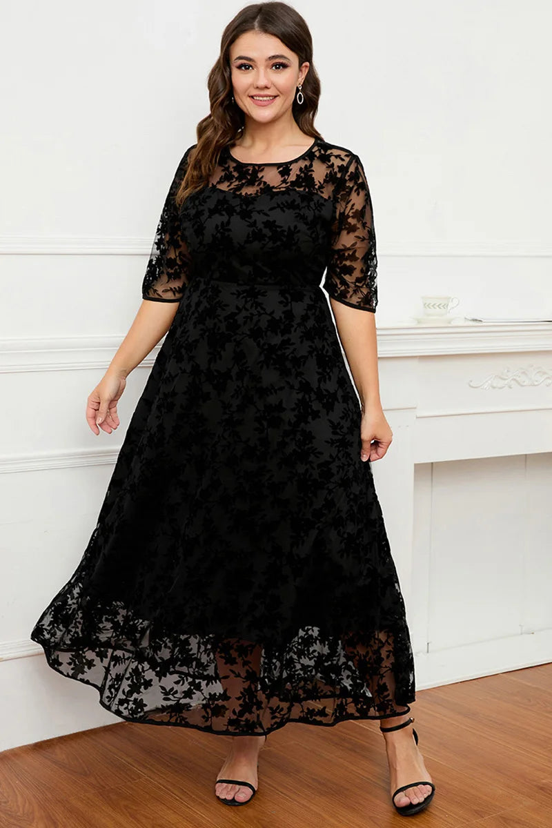 Women A-Line Dress Plus Size Lace Flocking Mesh Velvet Double Layer Tunic Embroidery Elegant Half Sleeve Spring Maxi Dress Black