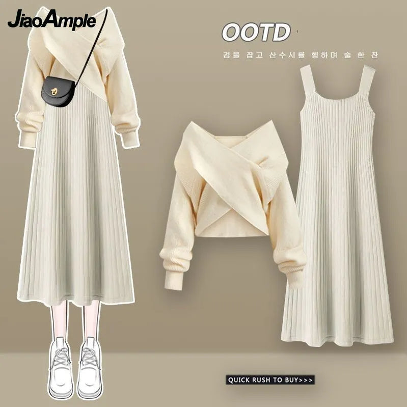 Women's Autumn Winter Knit Dress Two Piece Fashion Cross Sweater+Suspended Skirt Matching Set Korean Elegant Chic Suit