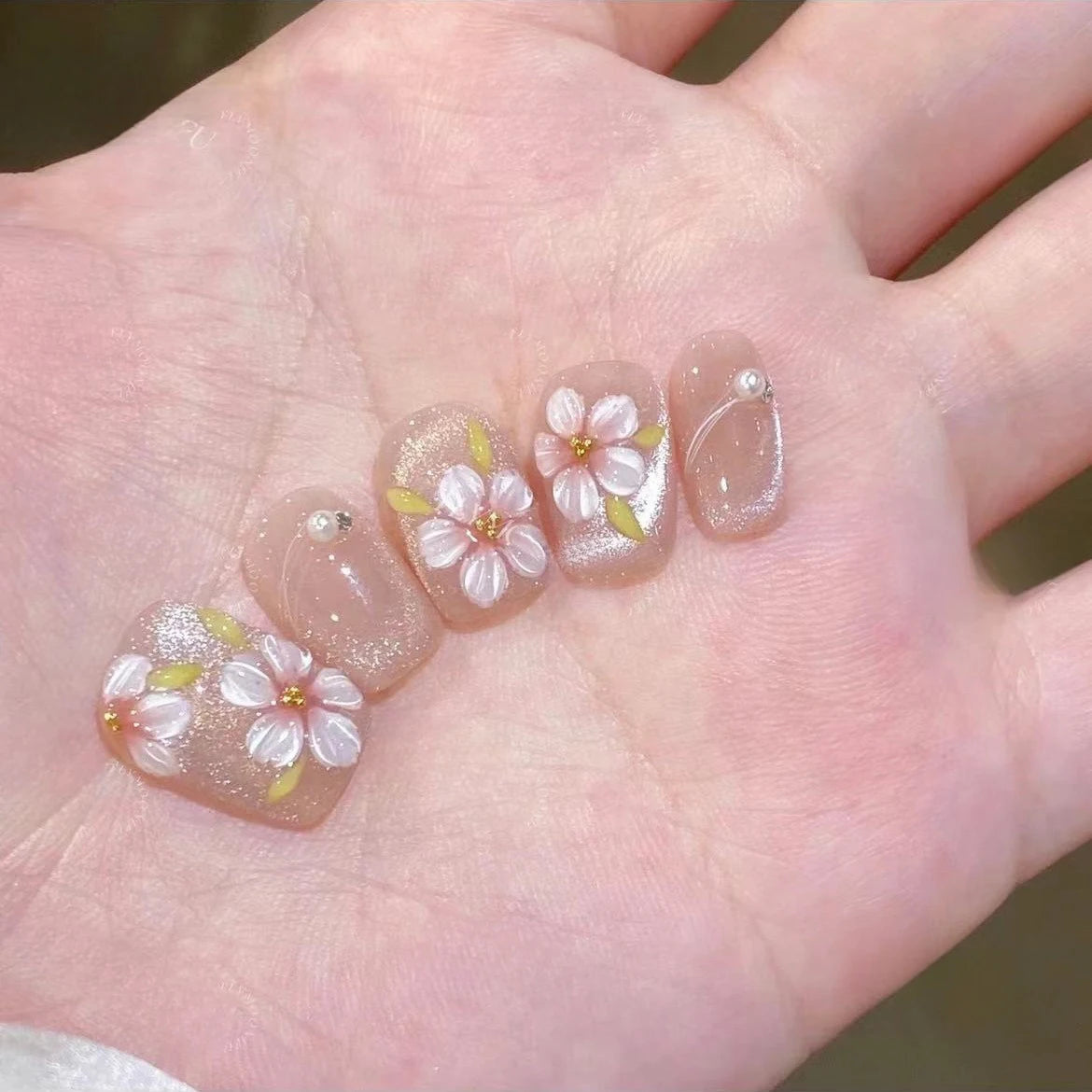 10Pcs Pink Shiny Handmade Press on Nails with Pearl Peach Blossom 3D Design Summer Fake Nail Cat Eye Fashion Beauty Nail French