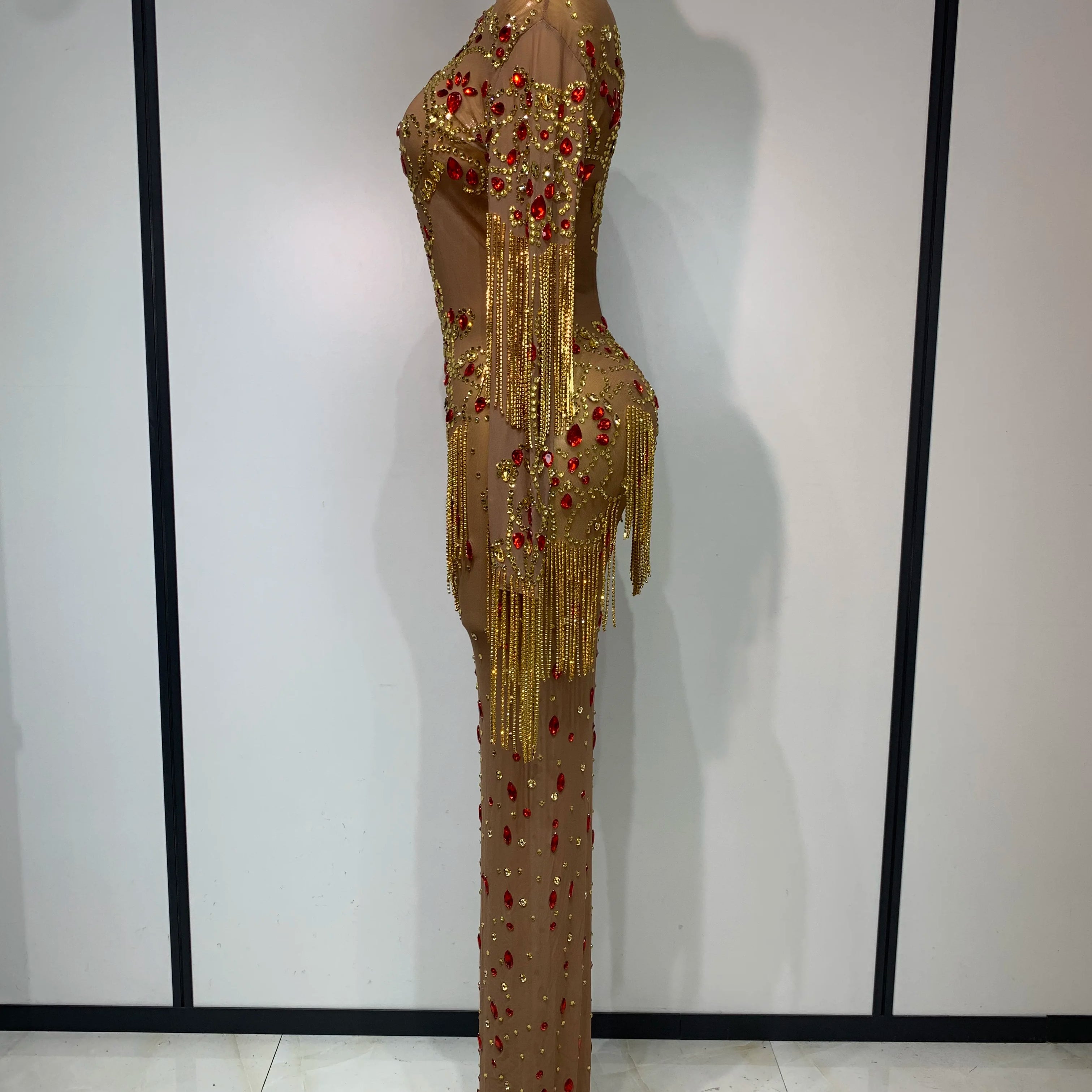 High Quality See Through Elastic Mesh Sparkly Rhinestone Stage Performan Costume Luxury Birthday Evening Party Wedding Dress