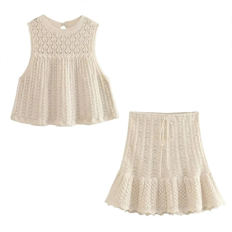 Women Knit Mesh Jacquard Skirts Sets Sweet Hollow Out O-neck Sleeveless Vest Top Summer A-Line Drawstring Mini Skirt Outfit Set