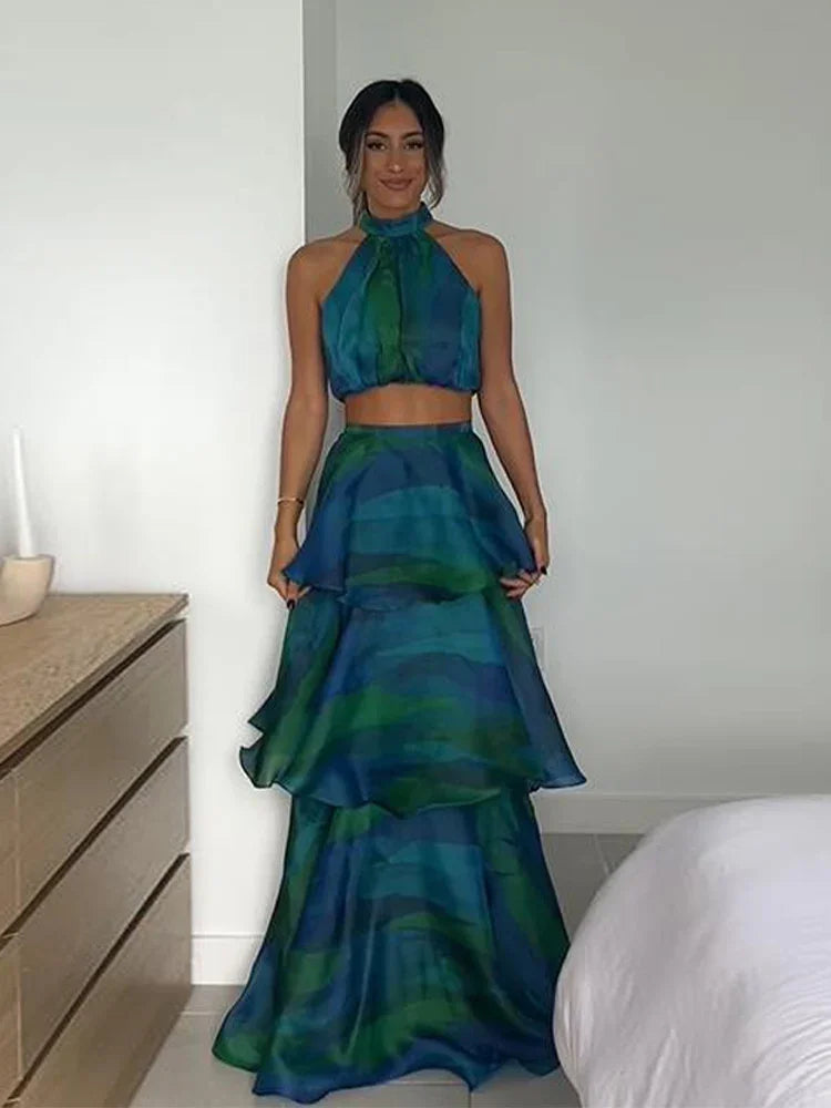 Printed Halter Top & Ruffles Dresses Waist Patchwork Fashion Crop Pullover Long Skirts Spring Summer Holiday Dress Bohe DEEP BLUE