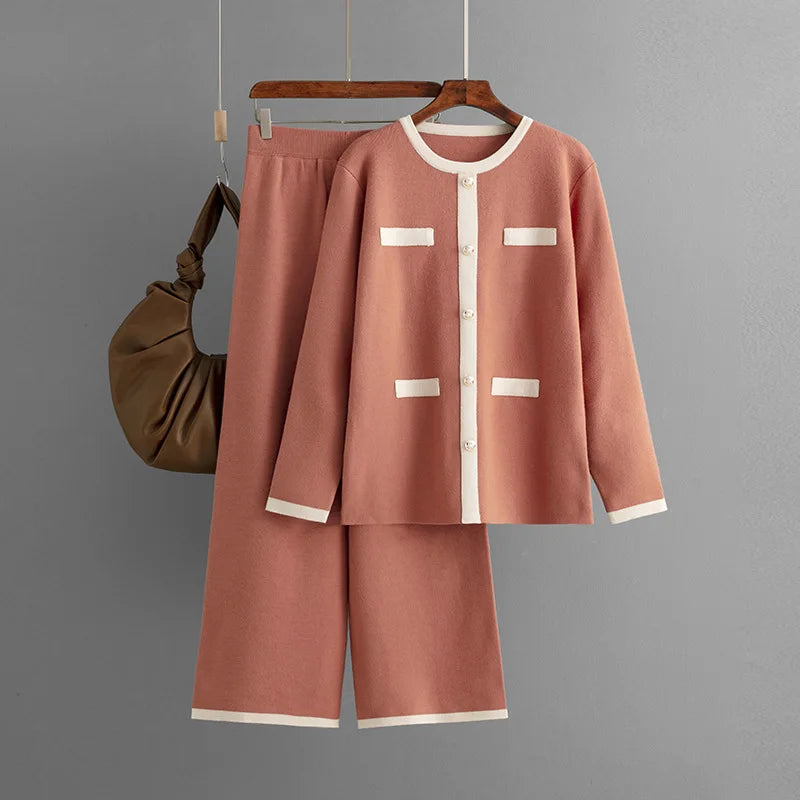 GIGOGOU Euro Designer Women Sweater Tracksuits Button Decorate Woman Sweaters + Wide Leg Pants Suits 2 / Two Pieces Sets Trouser Light Gray One Size