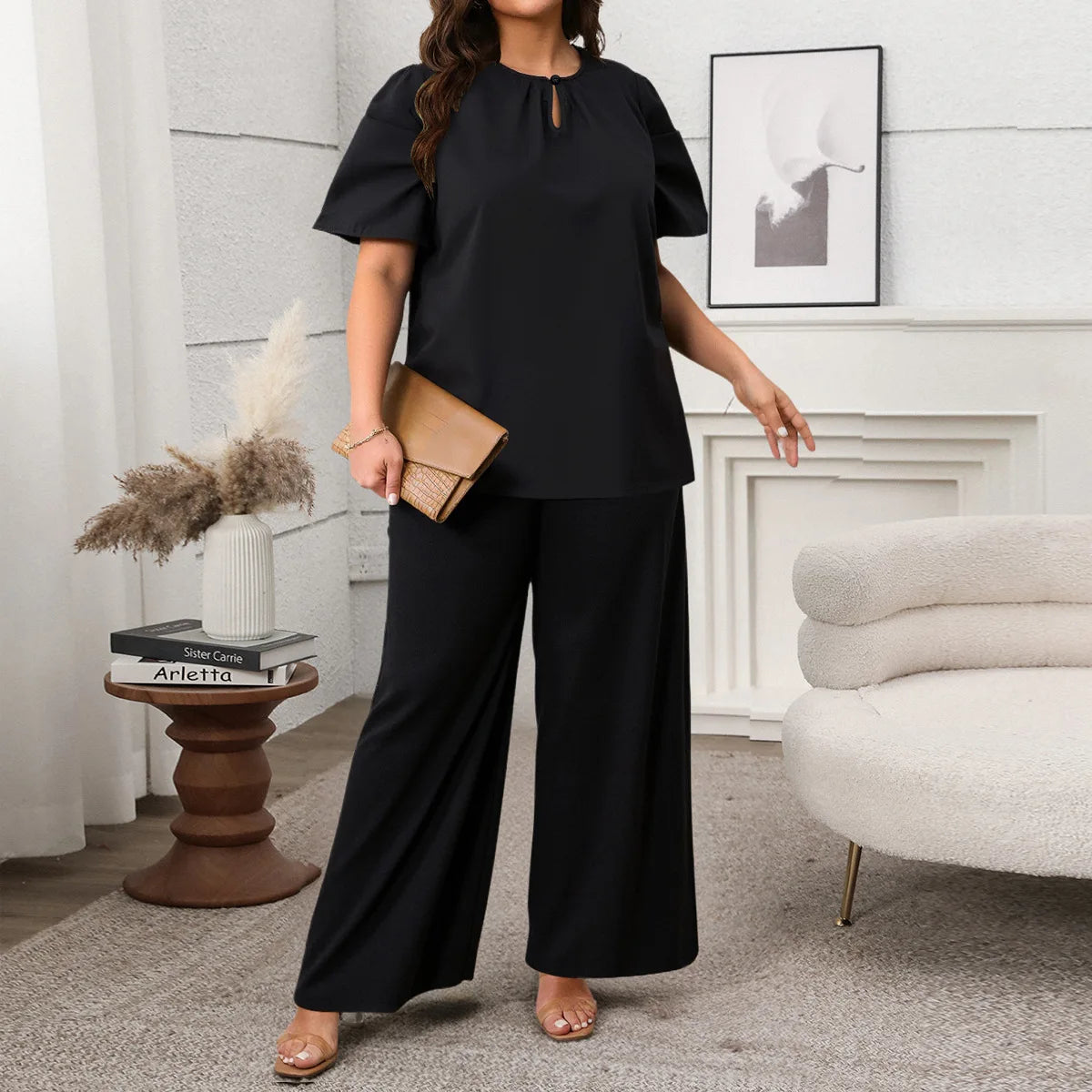 Plus Size Summer 2 Two Piece Set Women Pleated Short Sleeve Modis Casual Ladies Blouses Loose Wide Leg Elastic Waist Woman Pant