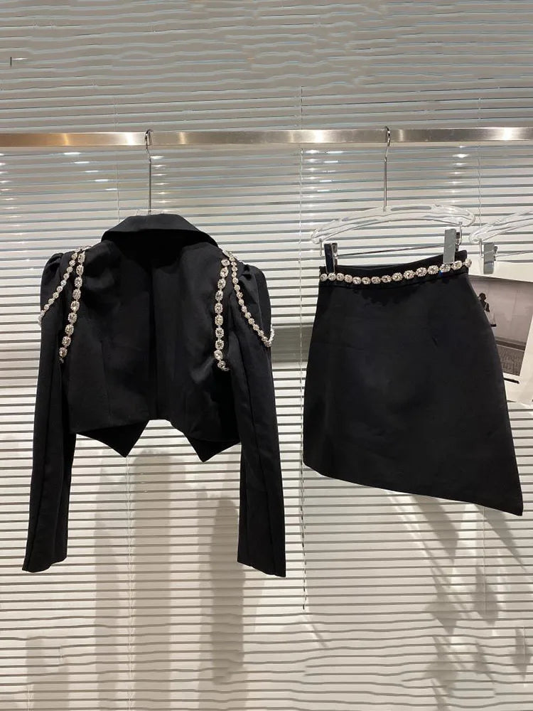 Fashion Trend Versatile Notched Long Sleeve Suit Women's Slim High Waist Skirt Two Pic Set Female