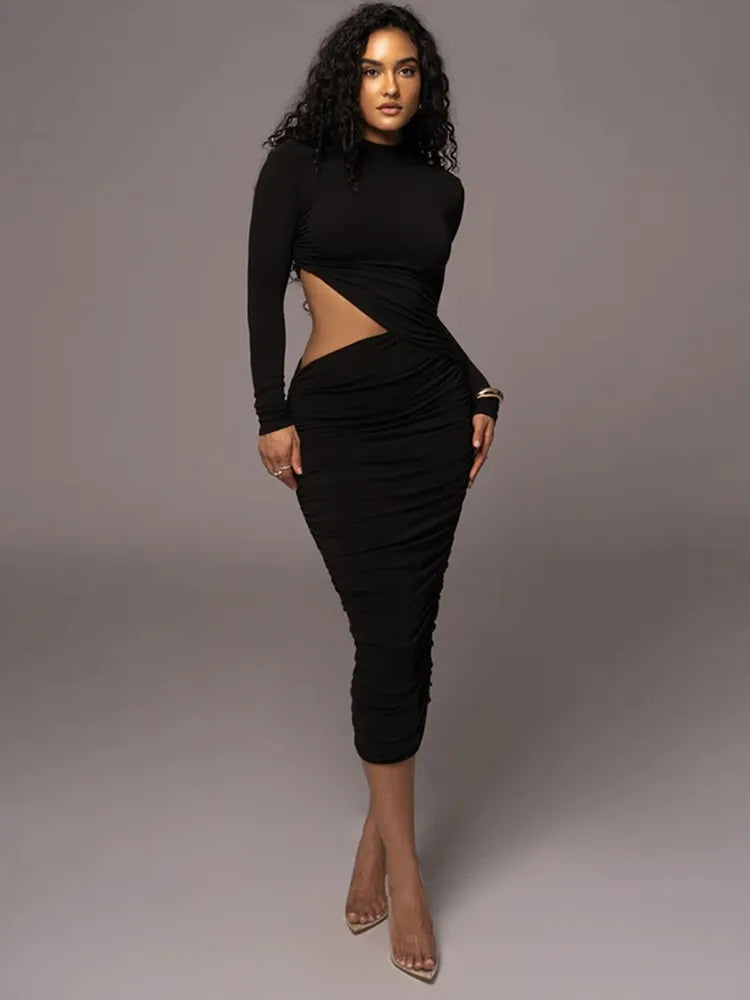 Solid Casual Sexy Women's Dresses Fashion Hollow O-Neck Long Sleeve Streetwear Slim Skinny Bodycon Vestidos Robes Female