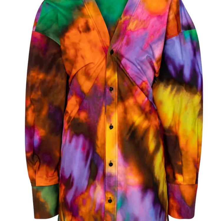 DEAT Fashion Women's Shirt Dress V-neck Loose Tie Dye Long Sleeve Single Breasted Waist Mini Dresses Spring New WR36309