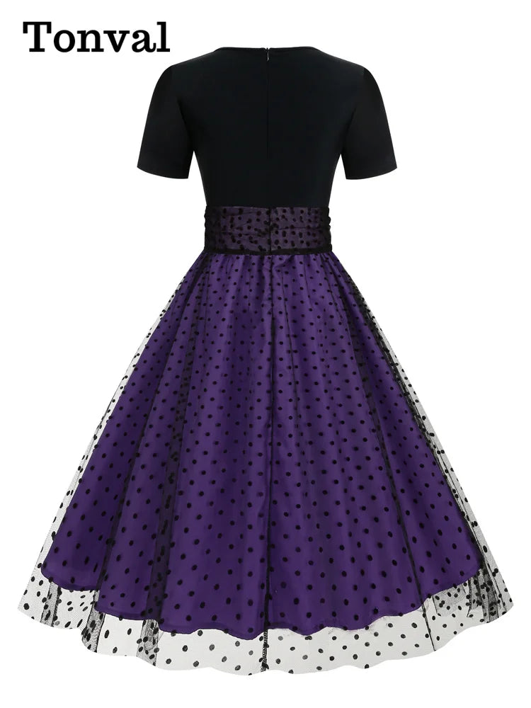 Tonval Round Neck Ruched High Waist Vintage Dot Mesh Overlay Pleated Dress Women Short Sleeve Evening Elegant Party Midi Dresses