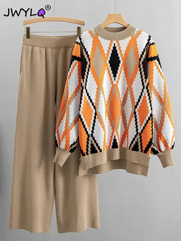 Printing Thick Warm O-neck Argyle Pullover Sweater Wide Leg Pants Autumn Winter Two Piece Set Womens Streetwear Loose Pants Sets