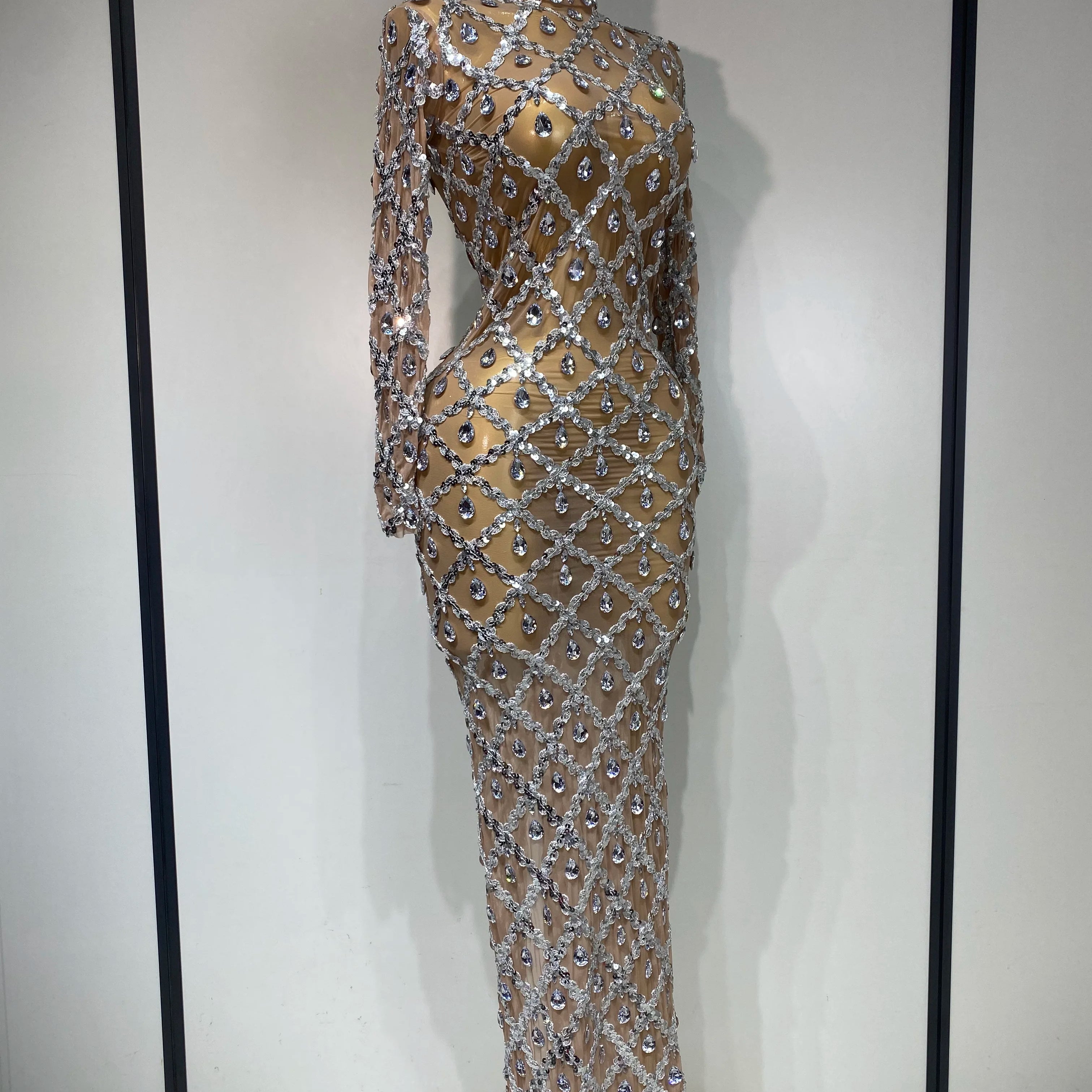 Women Sexy Luxury Birthday Dress Stage Shining Rhinestone Sequin Long Dress Evening Prom Gown Transparent Singer Club Host Dress