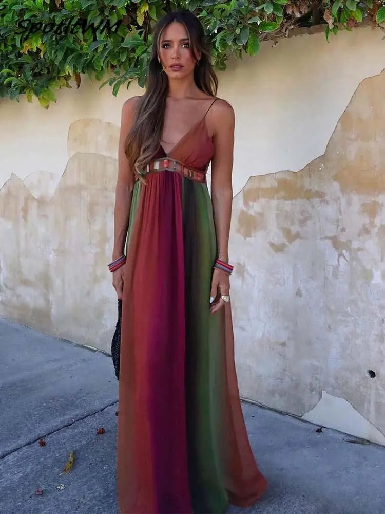 Sexy Backless Slip Long Chiffon Beach Sling Dress For Women Summer Vacation Contrasting V Neck Holiday Beachwear Dresses