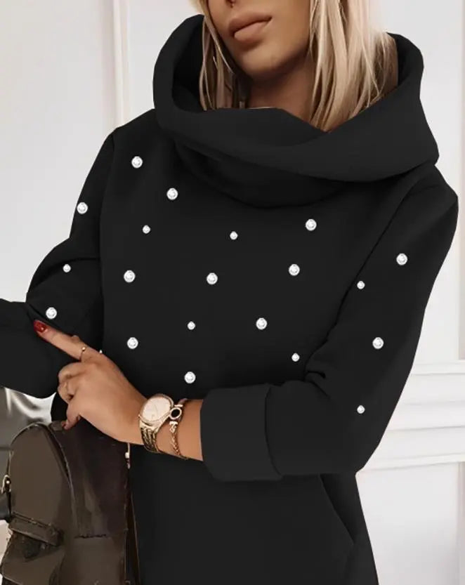 Elegant Dresses for Women Beaded Hooded Casual Sweatshirt Dress Autumn Winter Spring Fashion Casual Female Clothing