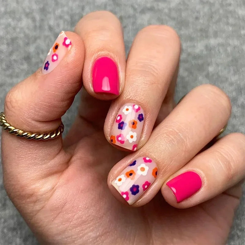 Faux ongles courts et carrés brillants, 24 pièces/boîte, pointe française colorée, motif floral, printemps-été, pour femmes