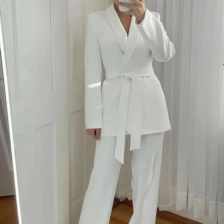 TRAFZA Women's Casual Blazer Chic Outerwear Elegant Flared Trousers Long Sleeve V-Neck Belted Office Commuter Suit Set