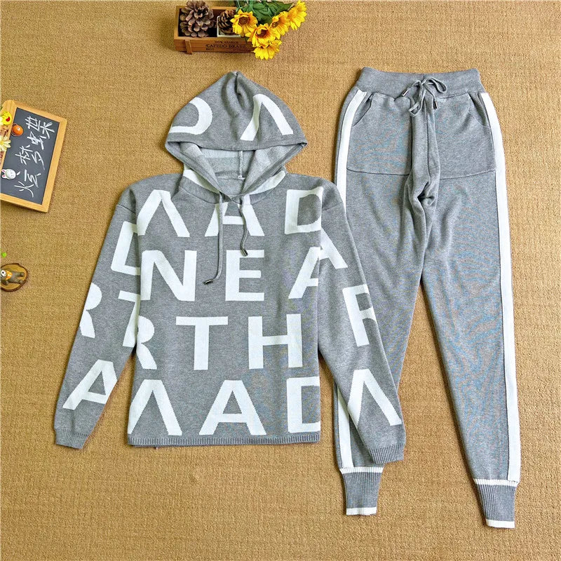 Fashion Autumn Women 2 Pieces Sets Casual Letter Print Patchwork Loose Knitted Sweater Sports Harlan Pants Suits Spring GRAY One Size