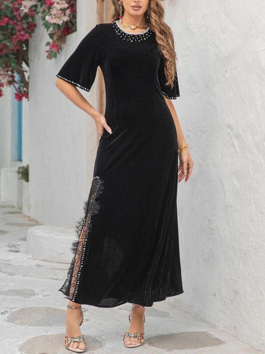 TWOTWINSTYLE Slimming Split Spliced Bead Elegant Dresses for Women Round Neck Half Sleeves Patchwork Lace Dress Female Clothing