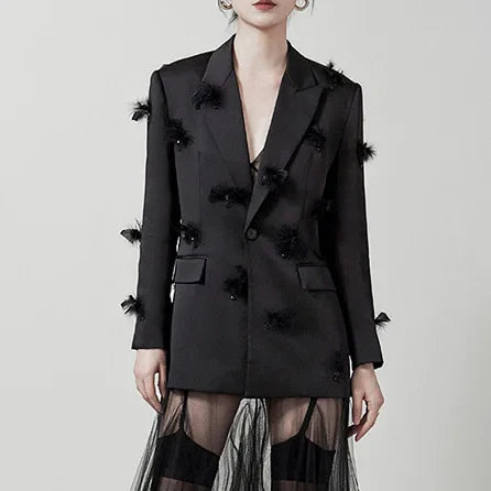 DEAT Fashion Women Blazer Notched Collar Single Button Mesh Patchwork Diagonal Collar Dresses Suit Jackets Spring CP1821 Black suit coat