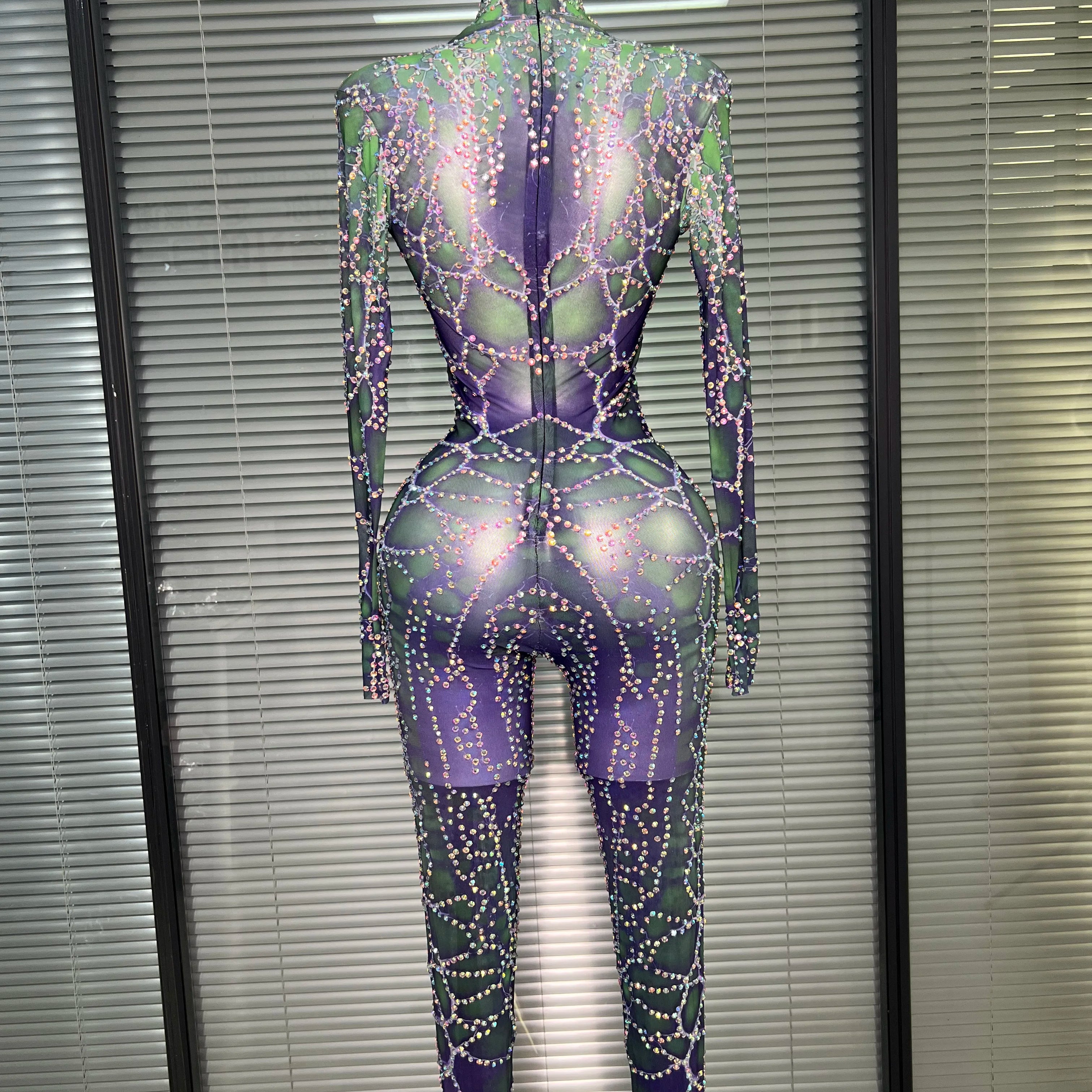 Women Sexy Crystal Sheer Printed Bodycon Jumpsuit Celebrity Designer Dancer See Through Night Club Rompers