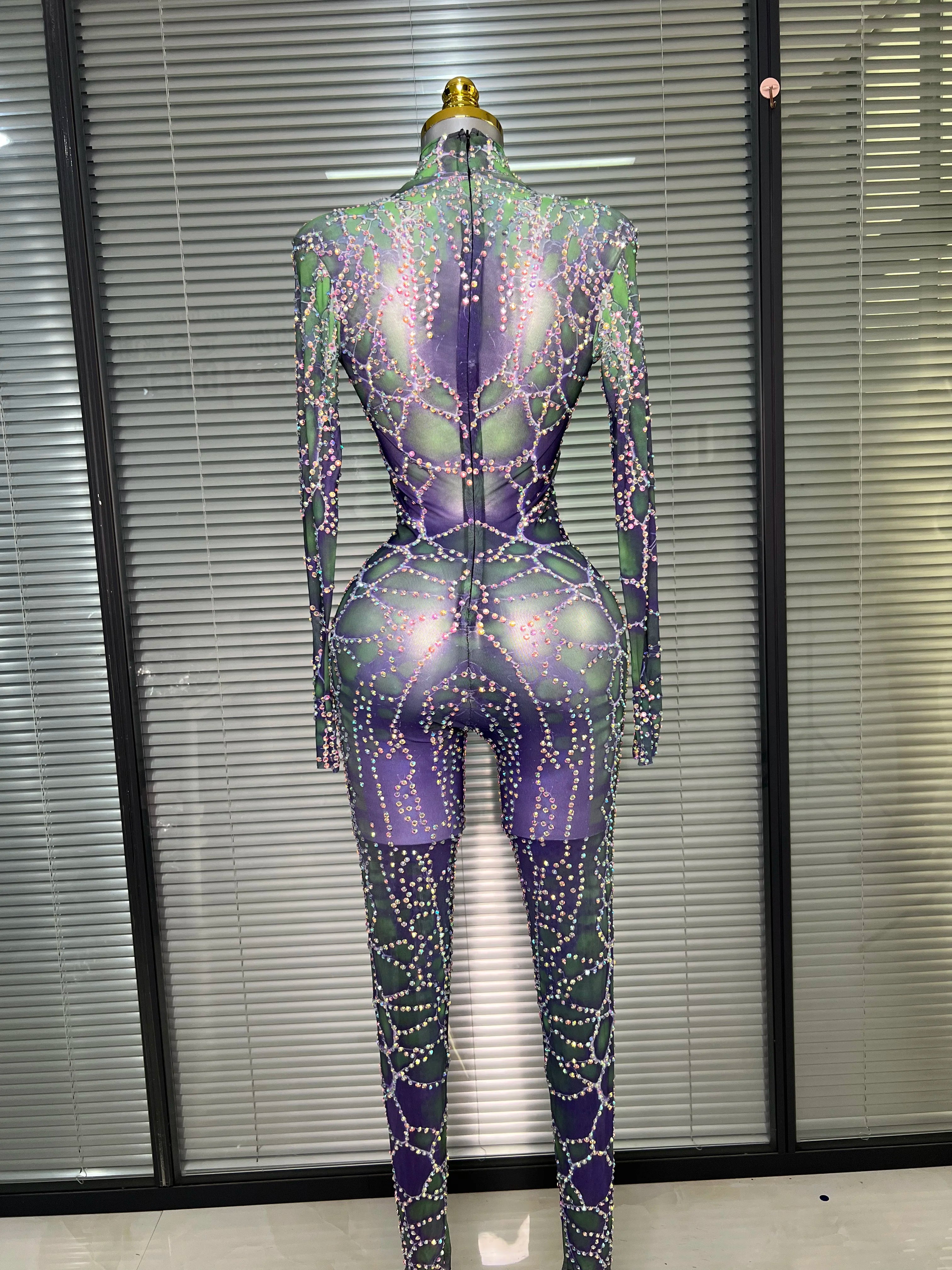 Women Sexy Crystal Sheer Printed Bodycon Jumpsuit Celebrity Designer Dancer See Through Night Club Rompers