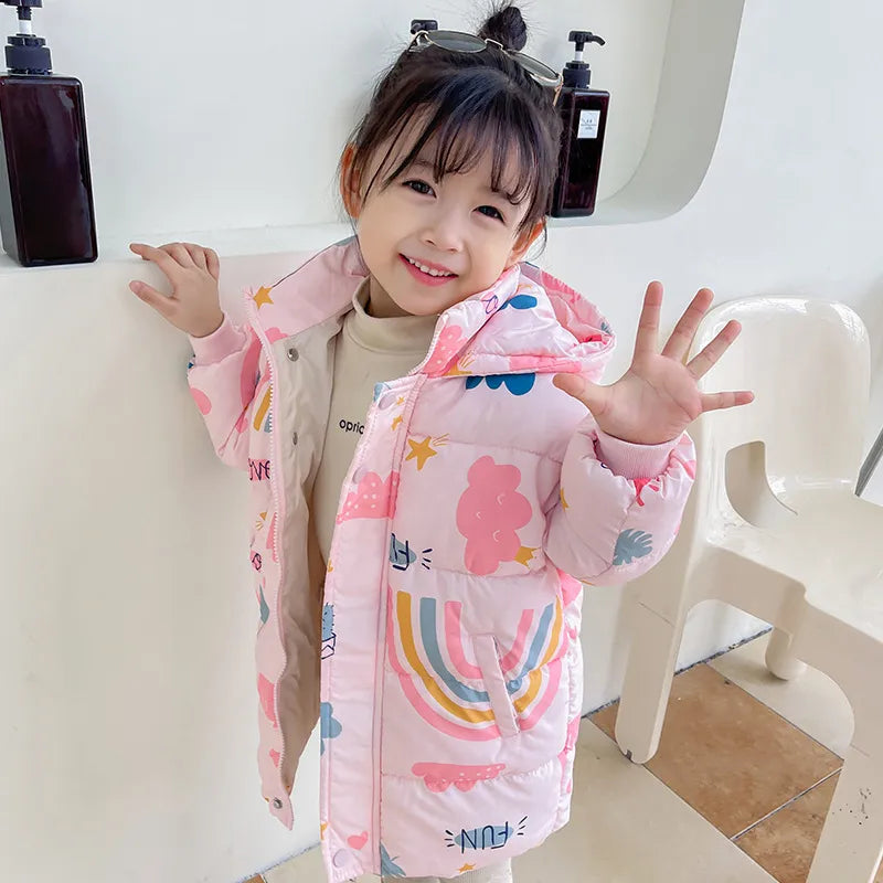 New Girls Boys Down Jacket Winter Coats Children Clothes Hooded Windbreaker Coat For Kids 2-7 Years Cotton Warm Outerwear Pink