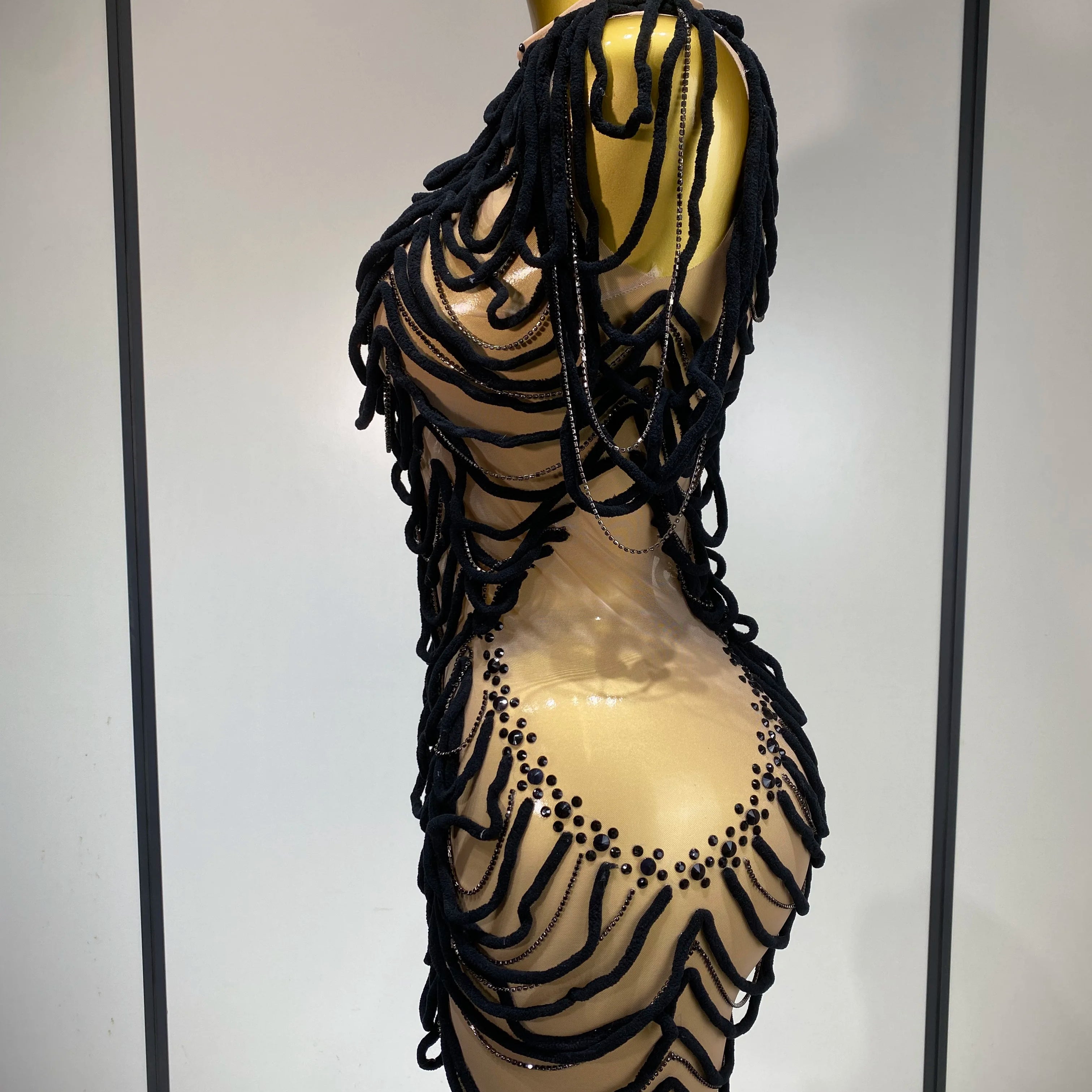 Women Sexy Fashion Short Dress Mesh Designer Rhinestones Chain Stage Costume Nightclub Celebrate Party Performance Outfit