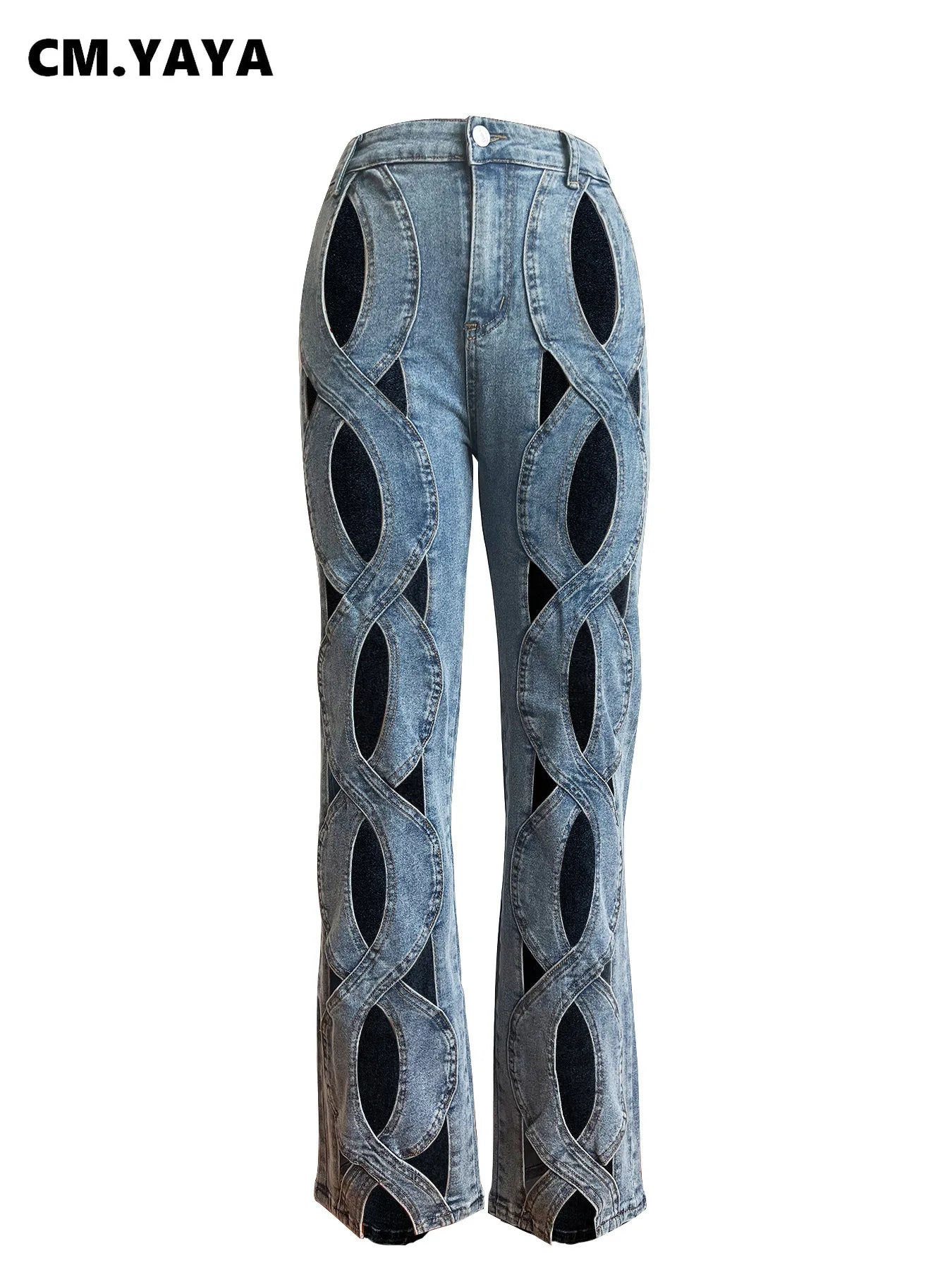 CM.YAYA Women Vintage Cutout Hollow Out Criss Cross Straight Denim Pants 2024 Fashion INS High Waist Wide Leg Jeans Trousers