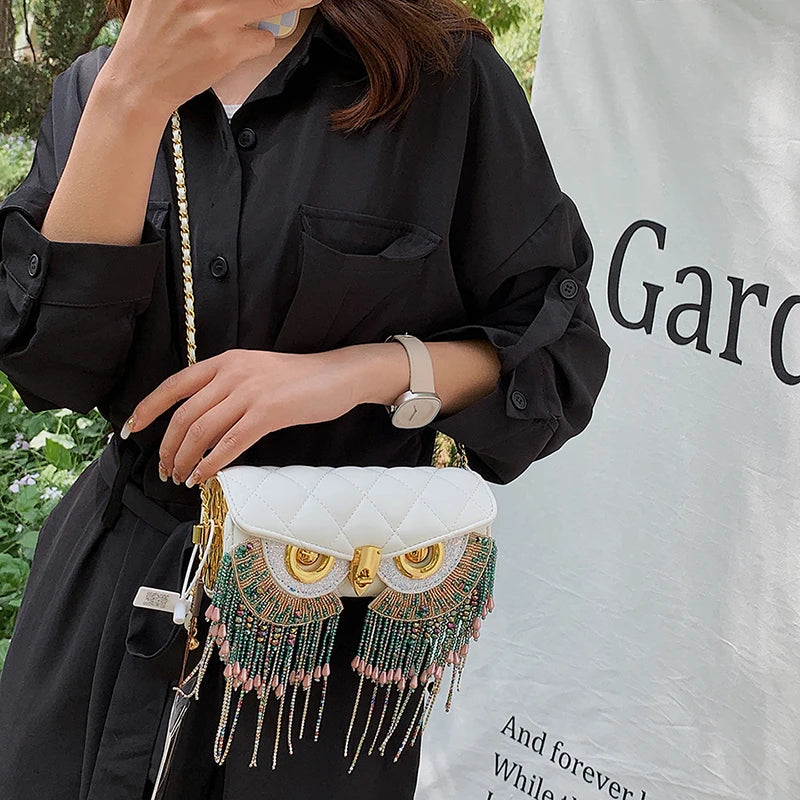 Women's Bag Fashion Owl Purses and Handbags Chain One Shoulder Messenger Bag Luxury Designer Tassel Bags for Women