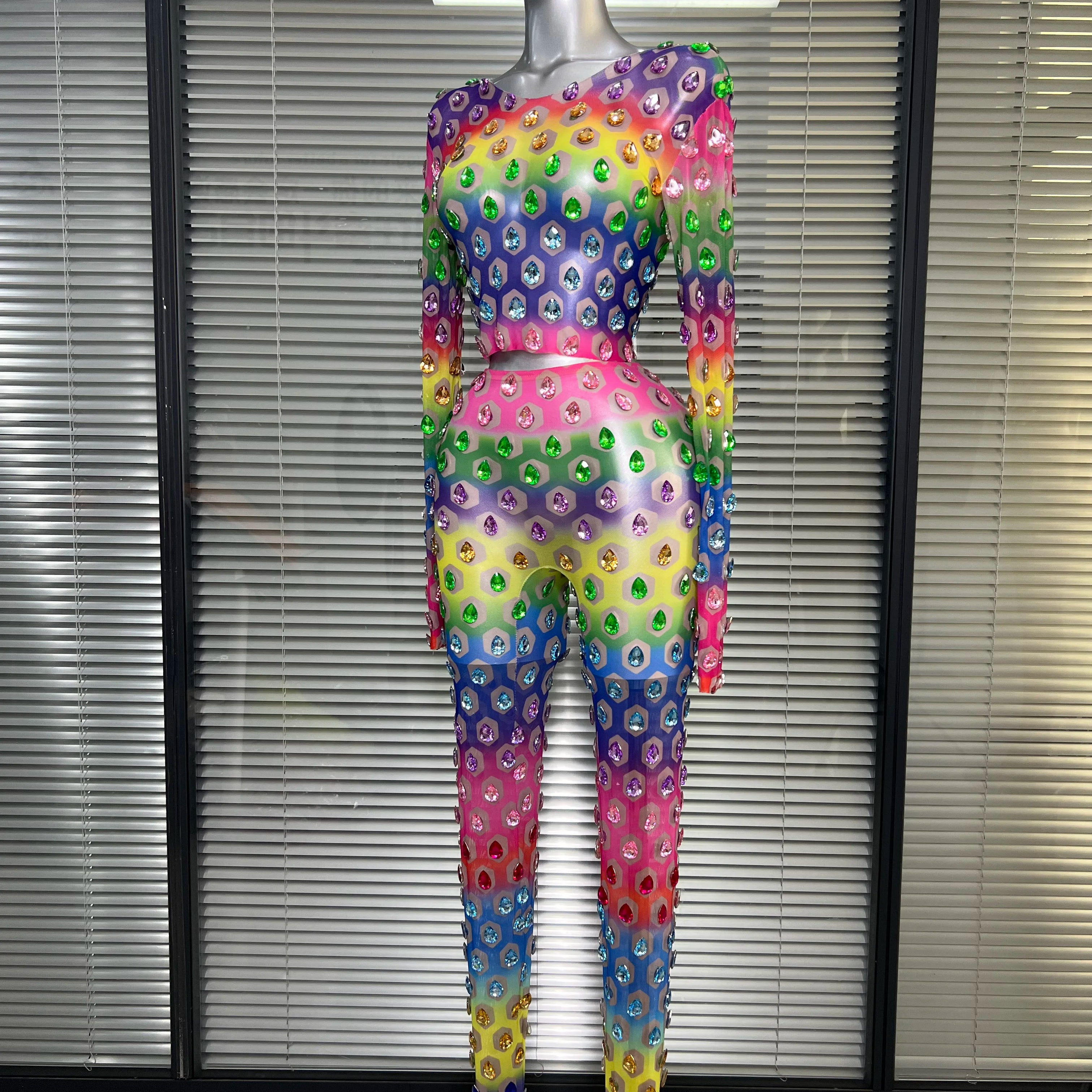 Women Sexy Two Pieces Set Crystal Diamond Night Club See Through Stretched Pants Suits Singer Dancer Stage Performance Costume