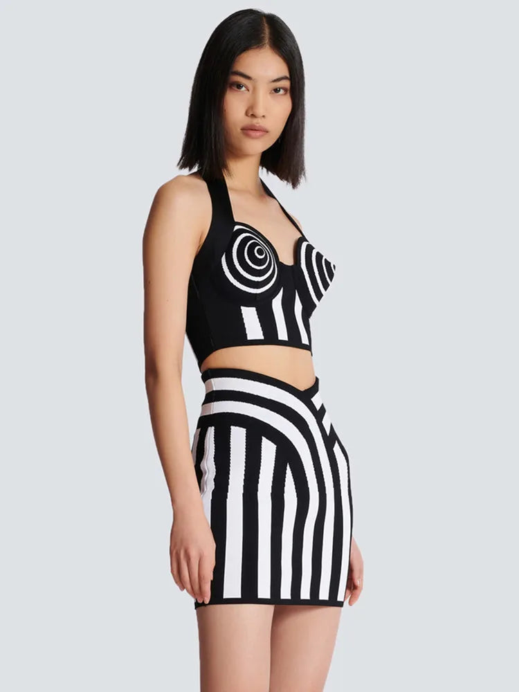 Conjunto de saia curta listrada e sensual de verão, celebridade, com costas nuas, malha, elegante, para festa à noite
