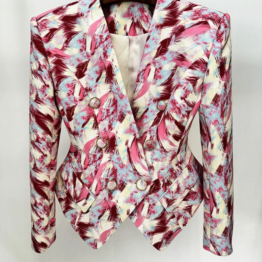 TWOTWINSTYLE Hit Color Spliced Printing Fashion Jackets for Women V Neck Long Sleeves Patchwork Button Elegant Jacket Female New