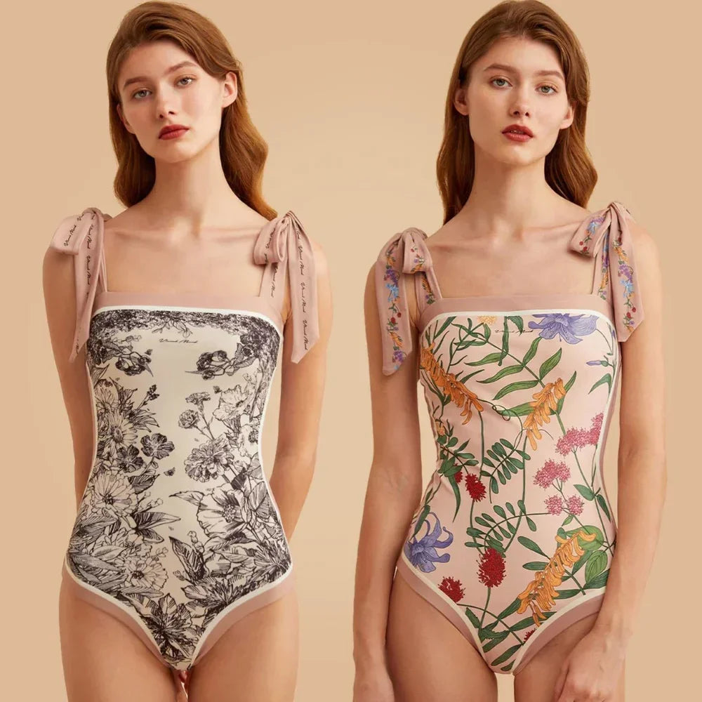 Vintage Printed Double-sided Wear Swimming Bathing Suit Women Bandage Sexy One Piece Swimsuit Beachwear Swimwear Woman
