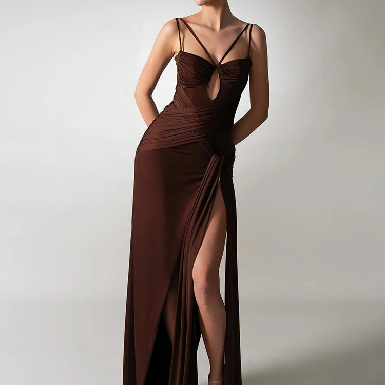 VC Chocolate Brown Strappy Sleeveless Draped Dress with High Slit & Cutout Detail for Formal Dinner Party Gown