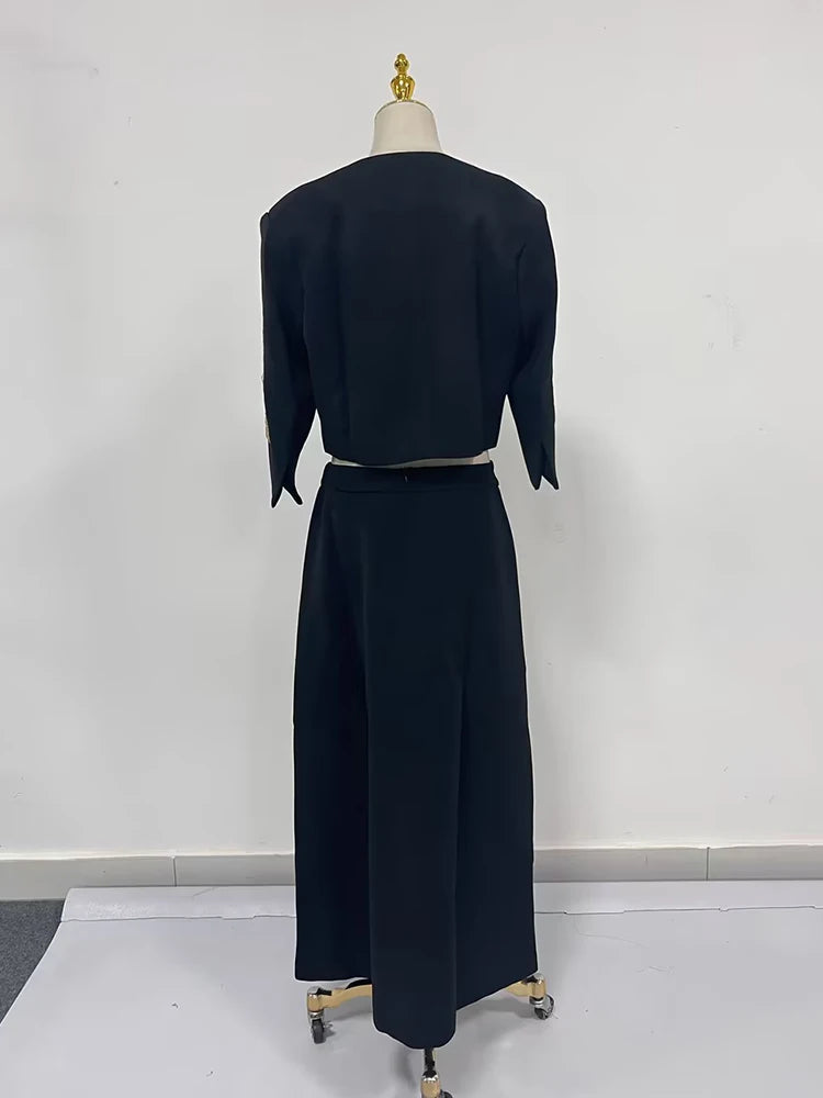 TWOTWINSTYLE Colorblock Chic Two Piece Sets For Women O Neck Half Sleeve Coat High Waist Skirt Elegant Set Female Fashion Style