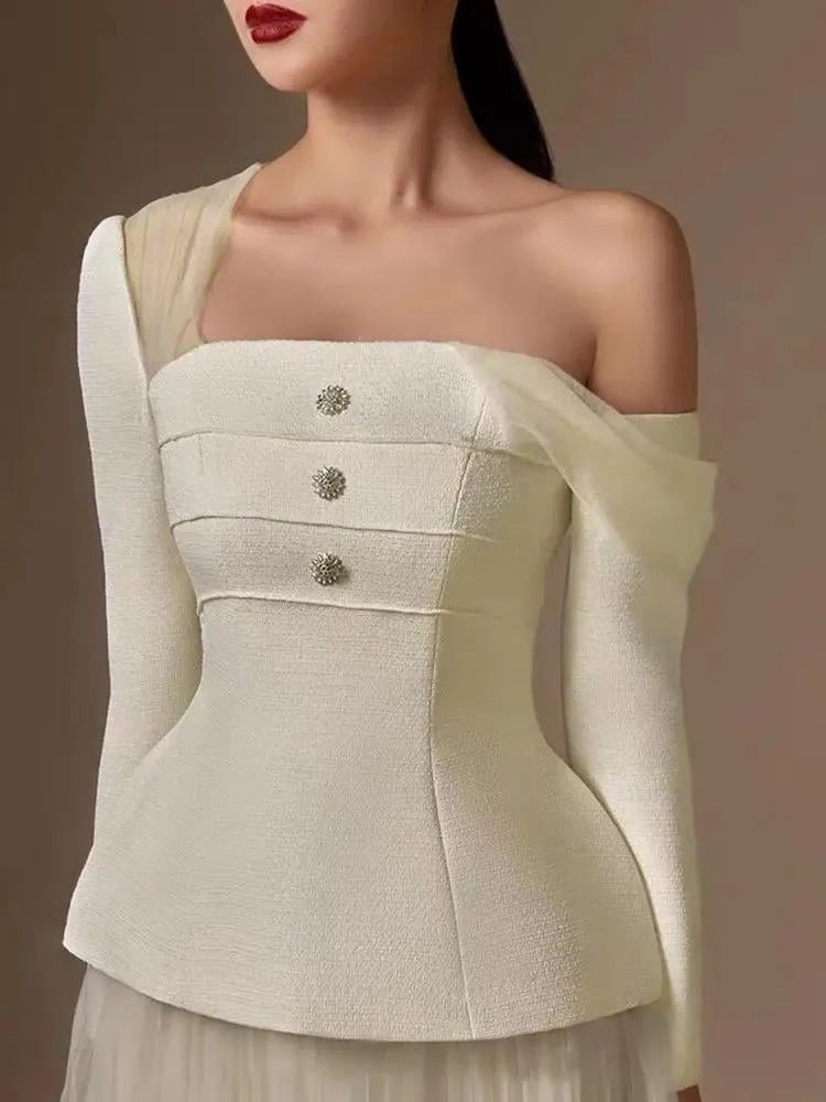 TWOTWINSTYLE Solid Two Piece Set For Women Diagonal Collar Long Sleeve Tunic Top High Waist Pleated Skirt Elegant Sets Female